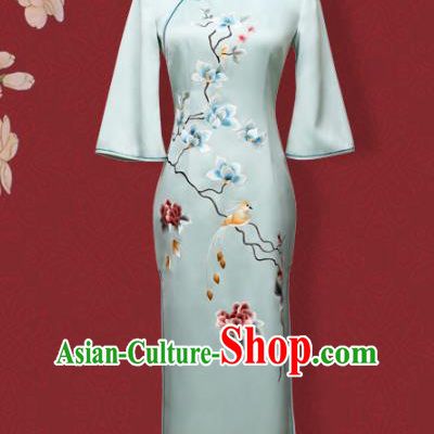 China Traditional Qipao Dress Embroidered Costume Embroidery Flowers Bird Light Blue Silk Cheongsam
