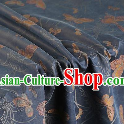 Chinese Traditional Cheongsam Silk Fabric Royal Butterfly Orchids Pattern Navy Song Brocade Gambiered Guangdong Gauze