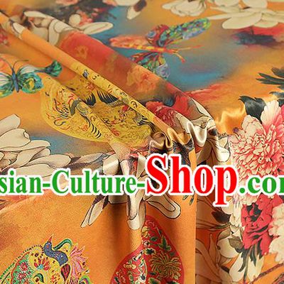 Chinese Royal Mangnolia Peony Pattern Gambiered Guangdong Gauze Brocade Cloth Drapery Traditional Cheongsam Orange Silk Fabric
