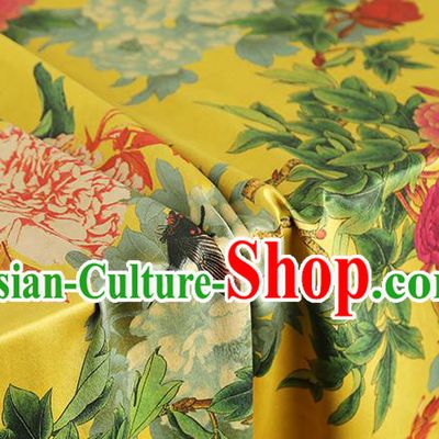Chinese Gambiered Guangdong Gauze Brocade Cloth Drapery Traditional Cheongsam Royal Peony Pattern Yellow Silk Fabric