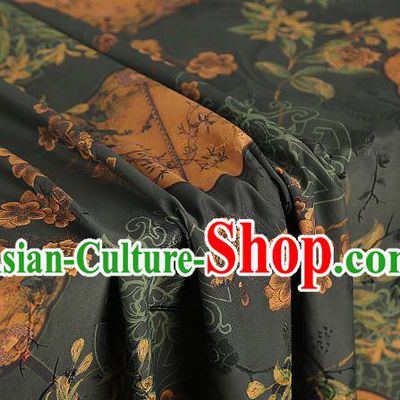 Chinese Dark Green Brocade Cloth Drapery Gambiered Guangdong Gauze Traditional Cheongsam Royal Plum Fan Pattern Silk Fabric