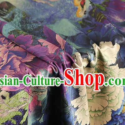 Chinese Printing Brocade Cloth Drapery Gambiered Guangdong Gauze Traditional Cheongsam Royal Purple Peony Pattern Silk Fabric