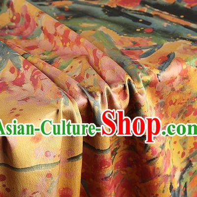 Chinese Printing Peach Blossom Brocade Cloth Drapery Traditional Cheongsam Royal Pattern Yellow Silk Fabric Gambiered Guangdong Gauze