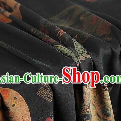 Chinese Classical Phoenix Peony Pattern Gambiered Guangdong Gauze Drapery Brocade Cloth Traditional Cheongsam Black Silk Fabric