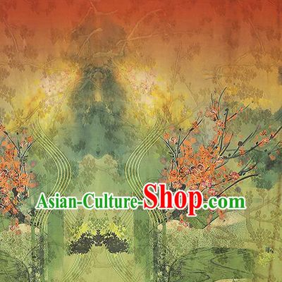 Chinese Classical Plum Blossom Pattern Gambiered Guangdong Gauze Brocade Cloth Drapery Traditional Cheongsam Gradient Green Silk Fabric