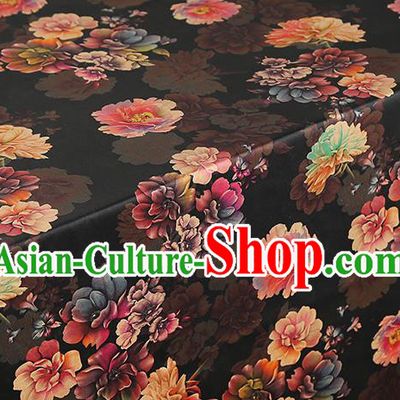 Chinese Traditional Brocade Cloth Classical Peony Pattern Gambiered Guangdong Gauze Drapery Cheongsam Black Silk Fabric