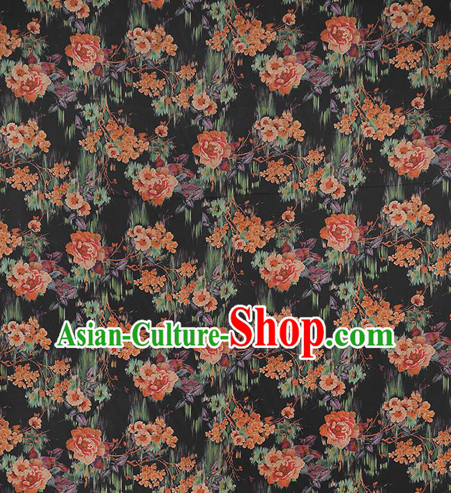 Chinese Traditional Black Brocade Drapery Cheongsam Silk Fabric Classical Roses Pattern Gambiered Guangdong Gauze Chinese Traditional Black Brocade Drapery Cheongsam Silk Fabric Classical Roses Pattern Gambiered Guangdong Gauze