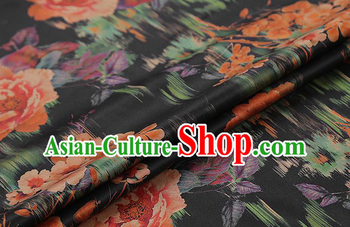 Chinese Traditional Black Brocade Drapery Cheongsam Silk Fabric Classical Roses Pattern Gambiered Guangdong Gauze Chinese Traditional Black Brocade Drapery Cheongsam Silk Fabric Classical Roses Pattern Gambiered Guangdong Gauze