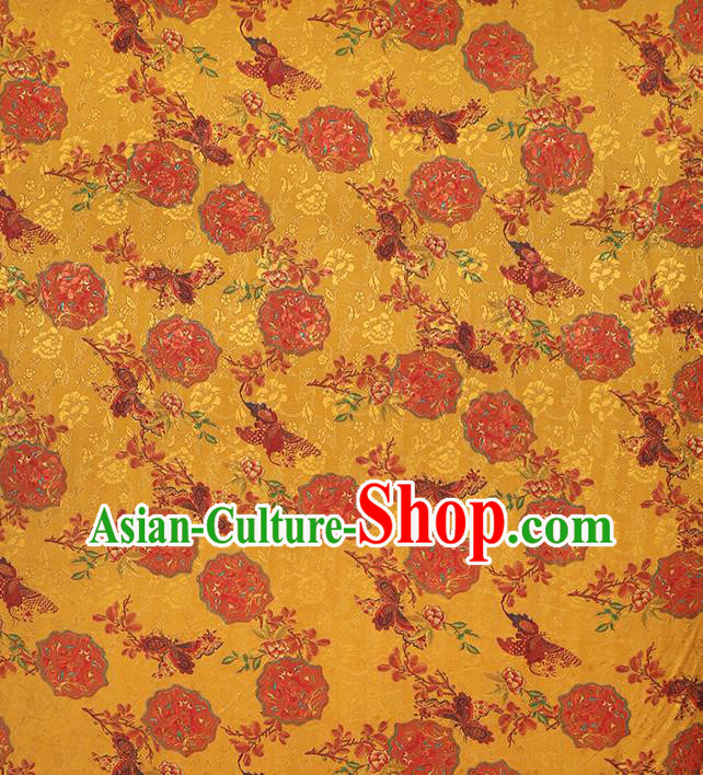 Chinese Traditional Gambiered Guangdong Gauze Classical Peony Pattern Golden Brocade Fabric Cheongsam Silk Drapery Chinese Traditional Gambiered Guangdong Gauze Classical Peony Pattern Golden Brocade Fabric Cheongsam Silk Drapery