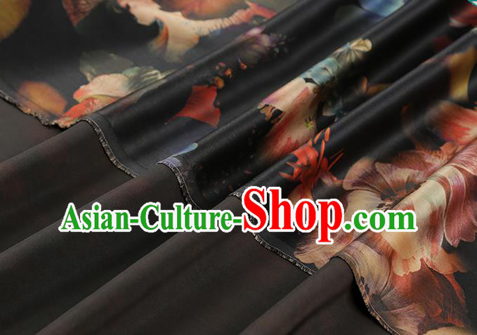Chinese Traditional Black Brocade Drapery Cheongsam Gambiered Guangdong Gauze Classical Lotus Pattern Silk Fabric Chinese Traditional Black Brocade Drapery Cheongsam Gambiered Guangdong Gauze Classical Lotus Pattern Silk Fabric