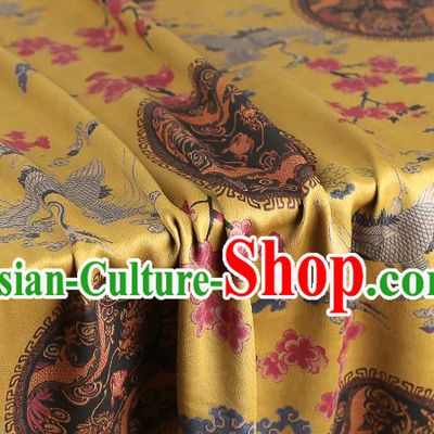Chinese Traditional Cheongsam Yellow Gambiered Guangdong Gauze Cloth Silk Drapery Classical Phoenix Dragon Pattern Brocade Fabric
