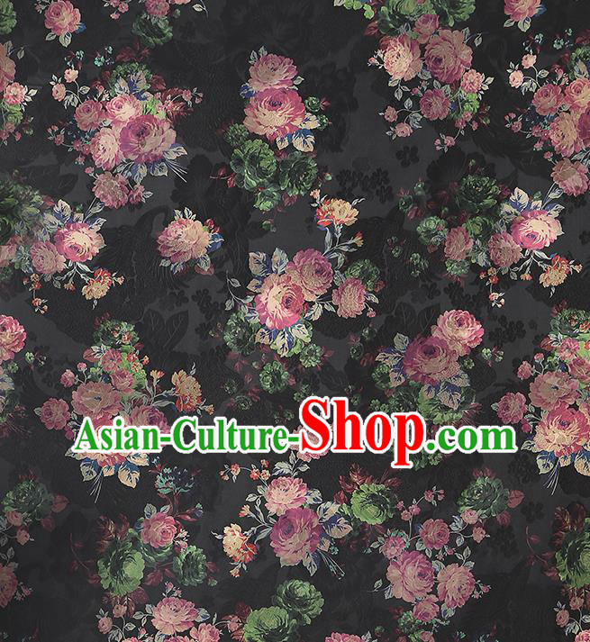 Chinese Classical Roses Pattern Brocade Cheongsam Black Gambiered Guangdong Gauze Fabric Traditional Silk Drapery Chinese Classical Roses Pattern Brocade Cheongsam Black Gambiered Guangdong Gauze Fabric Traditional Silk Drapery