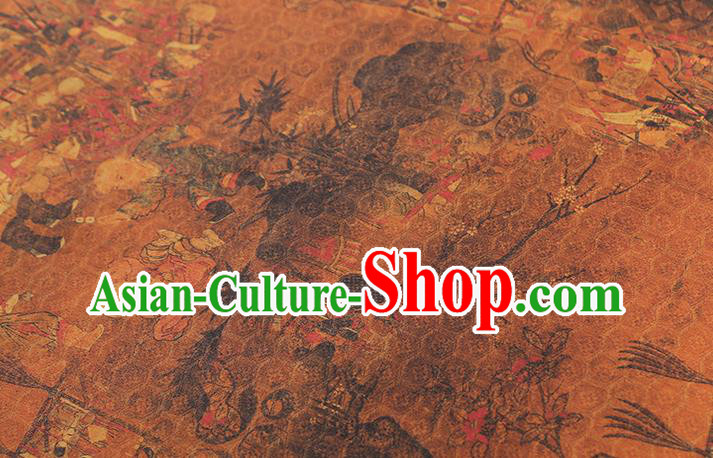 Chinese Traditional Cheongsam Brown Silk Drapery Classical Pedlar Pattern Gambiered Guangdong Gauze Brocade Fabric Chinese Traditional Cheongsam Brown Silk Drapery Classical Pedlar Pattern Gambiered Guangdong Gauze Brocade Fabric