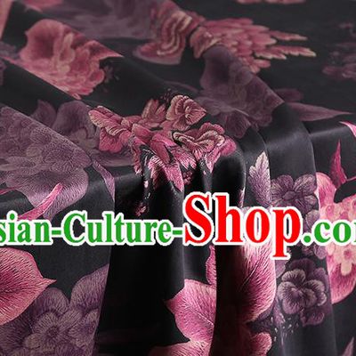 Chinese Traditional Cheongsam Black Brocade Fabric Classical Purple Peony Pattern Silk Drapery