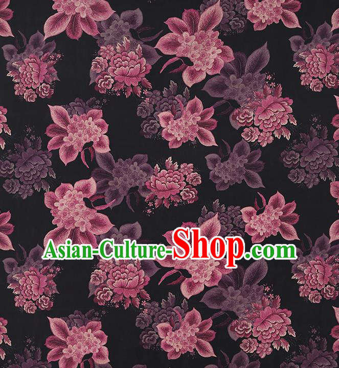 Chinese Traditional Cheongsam Black Brocade Fabric Classical Purple Peony Pattern Silk Drapery Chinese Traditional Cheongsam Black Brocade Fabric Classical Purple Peony Pattern Silk Drapery