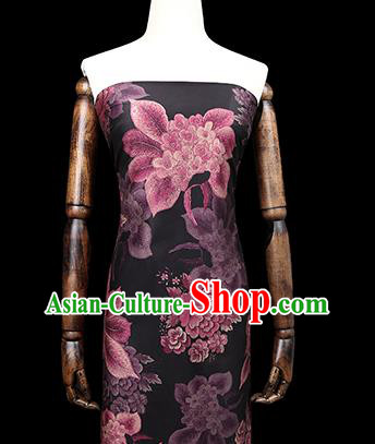 Chinese Traditional Cheongsam Black Brocade Fabric Classical Purple Peony Pattern Silk Drapery Chinese Traditional Cheongsam Black Brocade Fabric Classical Purple Peony Pattern Silk Drapery