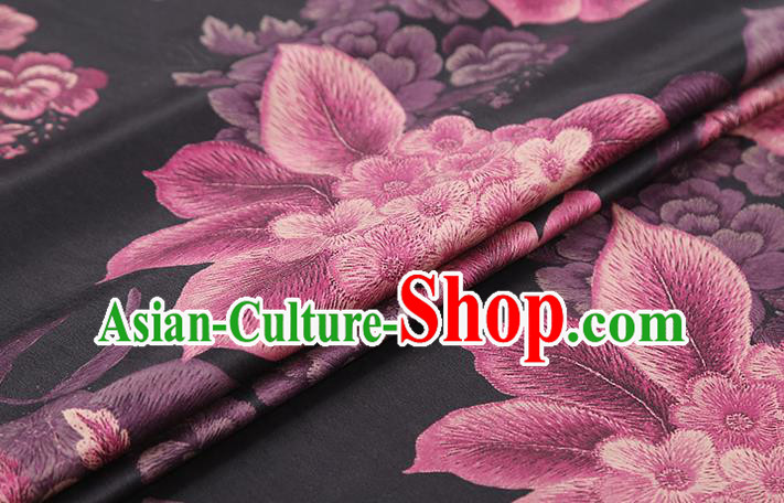 Chinese Traditional Cheongsam Black Brocade Fabric Classical Purple Peony Pattern Silk Drapery Chinese Traditional Cheongsam Black Brocade Fabric Classical Purple Peony Pattern Silk Drapery
