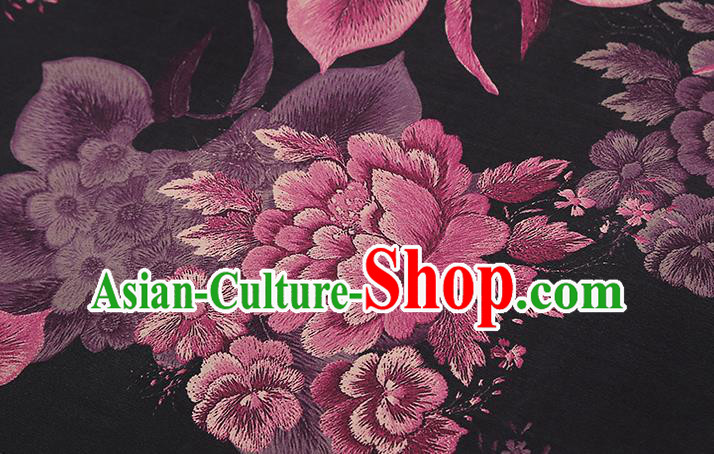 Chinese Traditional Cheongsam Black Brocade Fabric Classical Purple Peony Pattern Silk Drapery Chinese Traditional Cheongsam Black Brocade Fabric Classical Purple Peony Pattern Silk Drapery