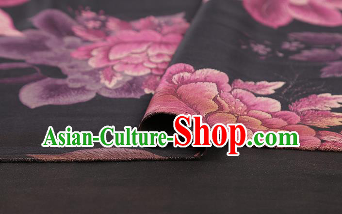 Chinese Traditional Cheongsam Black Brocade Fabric Classical Purple Peony Pattern Silk Drapery Chinese Traditional Cheongsam Black Brocade Fabric Classical Purple Peony Pattern Silk Drapery