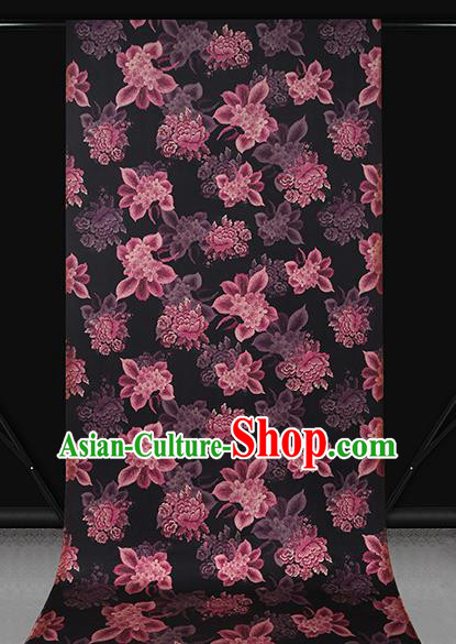 Chinese Traditional Cheongsam Black Brocade Fabric Classical Purple Peony Pattern Silk Drapery Chinese Traditional Cheongsam Black Brocade Fabric Classical Purple Peony Pattern Silk Drapery