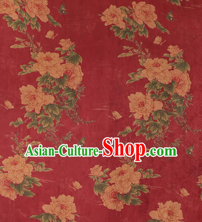 Chinese Traditional Red Brocade Drapery Cheongsam Gambiered Guangdong Gauze Classical Peony Pattern Silk Fabric Chinese Traditional Red Brocade Drapery Cheongsam Gambiered Guangdong Gauze Classical Peony Pattern Silk Fabric