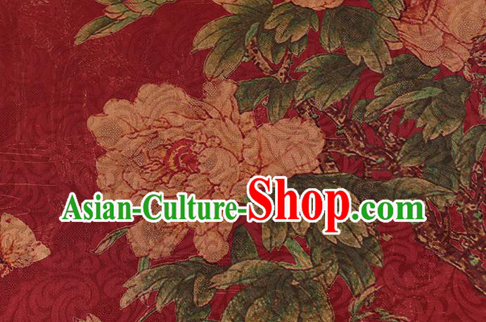 Chinese Traditional Red Brocade Drapery Cheongsam Gambiered Guangdong Gauze Classical Peony Pattern Silk Fabric Chinese Traditional Red Brocade Drapery Cheongsam Gambiered Guangdong Gauze Classical Peony Pattern Silk Fabric