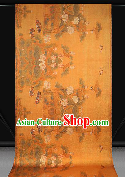 Chinese Traditional Orange Brocade Drapery Cheongsam Gambiered Guangdong Gauze Classical Lotus Pattern Silk Fabric Chinese Traditional Orange Brocade Drapery Cheongsam Gambiered Guangdong Gauze Classical Lotus Pattern Silk Fabric