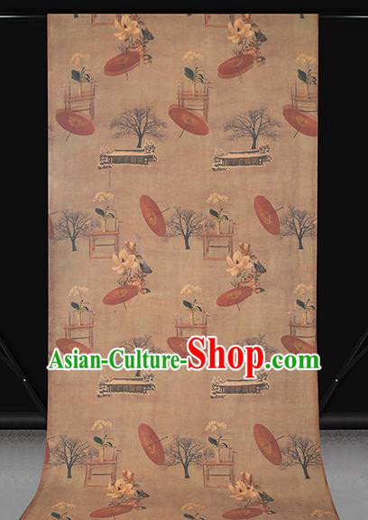 Chinese Traditional Gambiered Guangdong Gauze Classical Umbrella Pattern Brown Brocade Drapery Cheongsam Silk Fabric Chinese Traditional Gambiered Guangdong Gauze Classical Umbrella Pattern Brown Brocade Drapery Cheongsam Silk Fabric