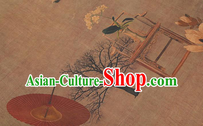 Chinese Traditional Gambiered Guangdong Gauze Classical Umbrella Pattern Brown Brocade Drapery Cheongsam Silk Fabric Chinese Traditional Gambiered Guangdong Gauze Classical Umbrella Pattern Brown Brocade Drapery Cheongsam Silk Fabric
