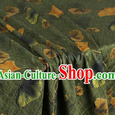 Chinese Cheongsam Olive Green Silk Fabric Traditional Gambiered Guangdong Gauze Classical Ginkgo Leaf Pattern Brocade Drapery