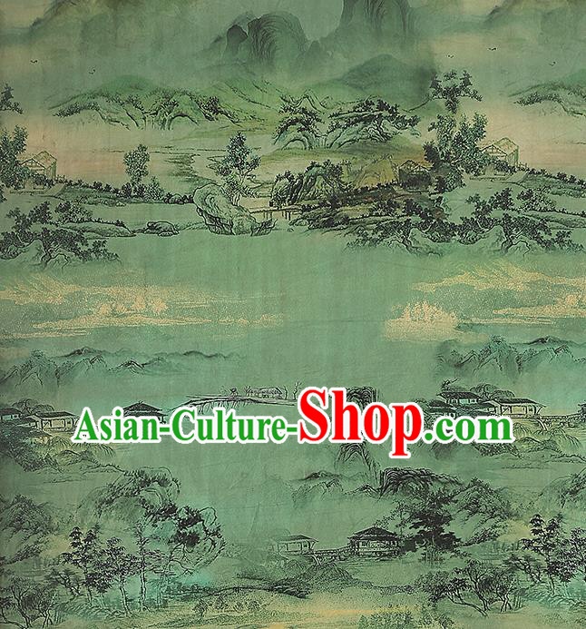 Chinese Classical Landscape Pattern Brocade Drapery Traditional Gambiered Guangdong Gauze Cheongsam Green Silk Fabric Chinese Classical Landscape Pattern Brocade Drapery Traditional Gambiered Guangdong Gauze Cheongsam Green Silk Fabric