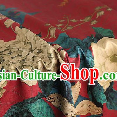 Chinese Classical Camellia Pattern Red Brocade Drapery Traditional Gambiered Guangdong Gauze Cheongsam Silk Fabric
