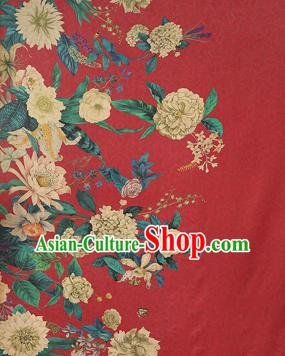 Chinese Classical Camellia Pattern Red Brocade Drapery Traditional Gambiered Guangdong Gauze Cheongsam Silk Fabric Chinese Classical Camellia Pattern Red Brocade Drapery Traditional Gambiered Guangdong Gauze Cheongsam Silk Fabric