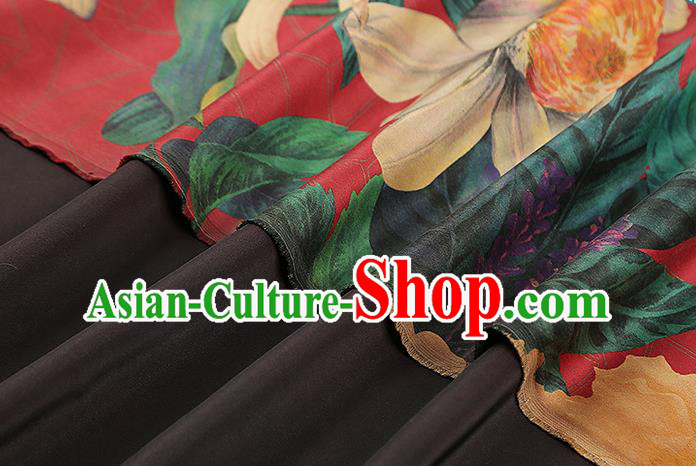 Chinese Classical Camellia Pattern Red Brocade Drapery Traditional Gambiered Guangdong Gauze Cheongsam Silk Fabric Chinese Classical Camellia Pattern Red Brocade Drapery Traditional Gambiered Guangdong Gauze Cheongsam Silk Fabric