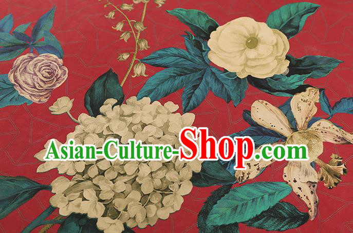 Chinese Classical Camellia Pattern Red Brocade Drapery Traditional Gambiered Guangdong Gauze Cheongsam Silk Fabric Chinese Classical Camellia Pattern Red Brocade Drapery Traditional Gambiered Guangdong Gauze Cheongsam Silk Fabric