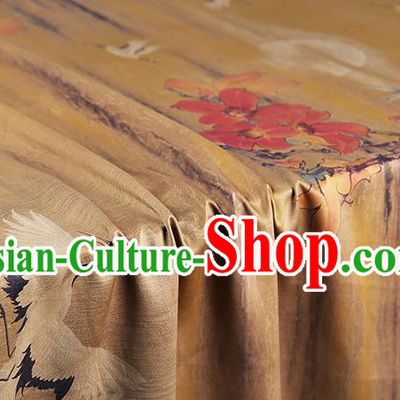 Chinese Classical Crane Peony Pattern Gambiered Guangdong Gauze Traditional Cheongsam Brocade Fabric Yellow Silk Drapery