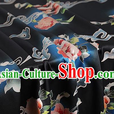 Chinese Silk Drapery Traditional Cheongsam Brocade Fabric Classical Peony Pattern Black Gambiered Guangdong Gauze