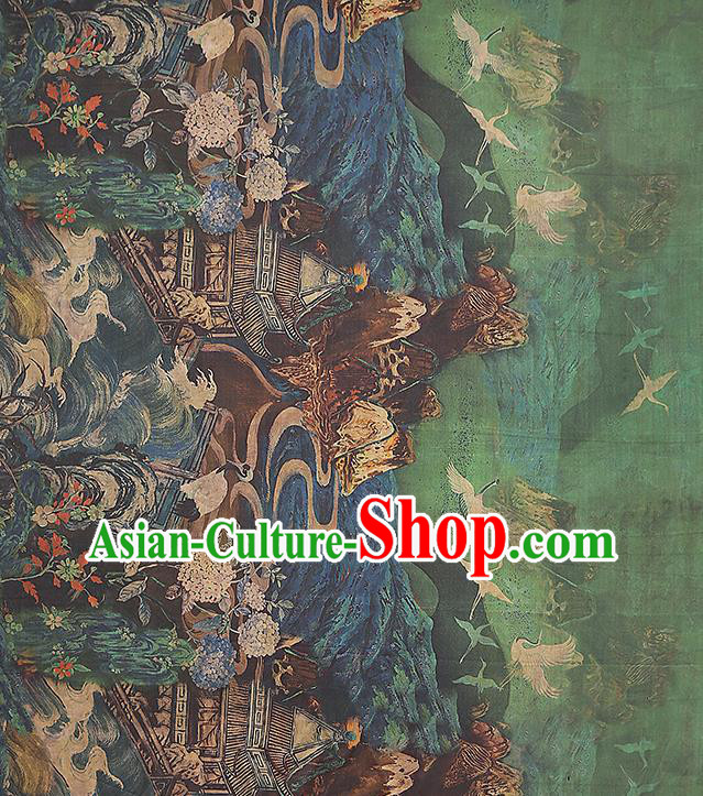 Chinese Green Silk Drapery Classical Crane Pattern Gambiered Guangdong Gauze Traditional Cheongsam Brocade Fabric Chinese Green Silk Drapery Classical Crane Pattern Gambiered Guangdong Gauze Traditional Cheongsam Brocade Fabric