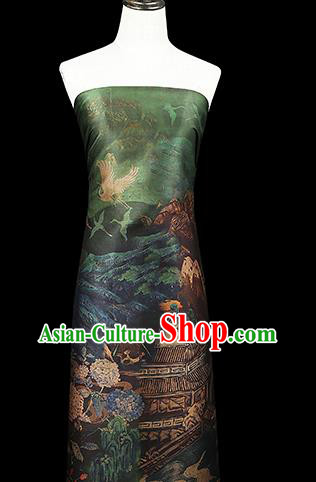 Chinese Green Silk Drapery Classical Crane Pattern Gambiered Guangdong Gauze Traditional Cheongsam Brocade Fabric Chinese Green Silk Drapery Classical Crane Pattern Gambiered Guangdong Gauze Traditional Cheongsam Brocade Fabric