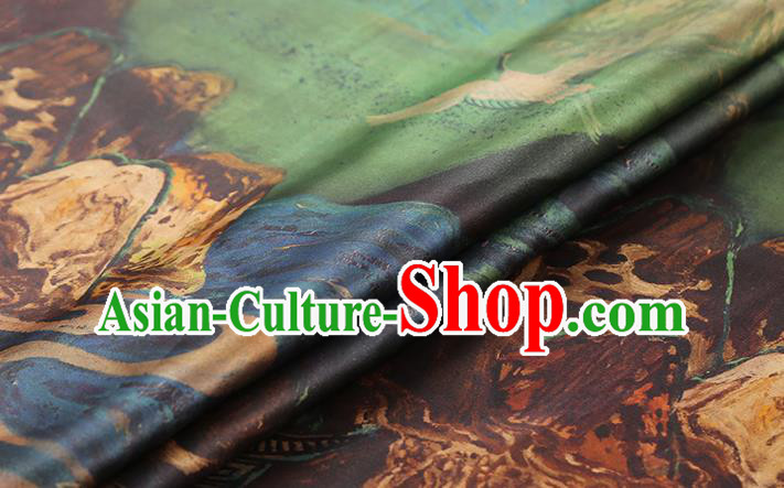 Chinese Green Silk Drapery Classical Crane Pattern Gambiered Guangdong Gauze Traditional Cheongsam Brocade Fabric Chinese Green Silk Drapery Classical Crane Pattern Gambiered Guangdong Gauze Traditional Cheongsam Brocade Fabric