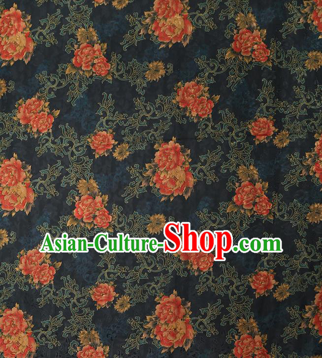 Chinese Classical Peony Pattern Navy Silk Drapery Traditional Cheongsam Brocade Fabric Gambiered Guangdong Gauze Chinese Classical Peony Pattern Navy Silk Drapery Traditional Cheongsam Brocade Fabric Gambiered Guangdong Gauze