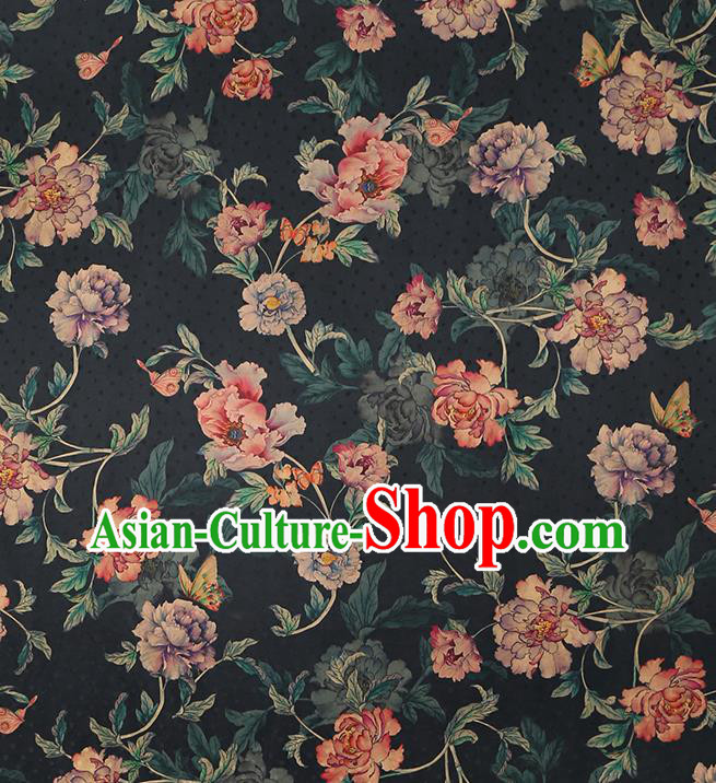 Chinese Traditional Peony Pattern Black Silk Drapery Classical Gambiered Guangdong Gauze Cheongsam Brocade Fabric Chinese Traditional Peony Pattern Black Silk Drapery Classical Gambiered Guangdong Gauze Cheongsam Brocade Fabric