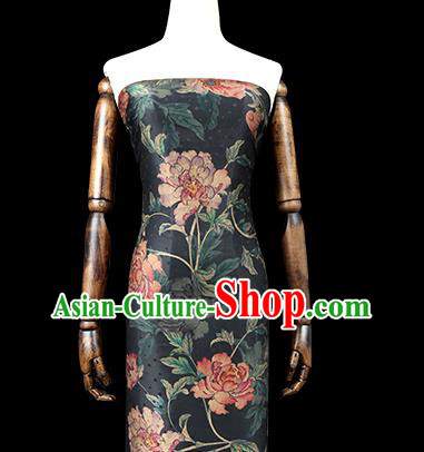 Chinese Traditional Peony Pattern Black Silk Drapery Classical Gambiered Guangdong Gauze Cheongsam Brocade Fabric Chinese Traditional Peony Pattern Black Silk Drapery Classical Gambiered Guangdong Gauze Cheongsam Brocade Fabric