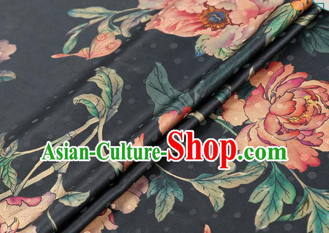 Chinese Traditional Peony Pattern Black Silk Drapery Classical Gambiered Guangdong Gauze Cheongsam Brocade Fabric Chinese Traditional Peony Pattern Black Silk Drapery Classical Gambiered Guangdong Gauze Cheongsam Brocade Fabric