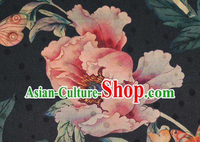 Chinese Traditional Peony Pattern Black Silk Drapery Classical Gambiered Guangdong Gauze Cheongsam Brocade Fabric Chinese Traditional Peony Pattern Black Silk Drapery Classical Gambiered Guangdong Gauze Cheongsam Brocade Fabric