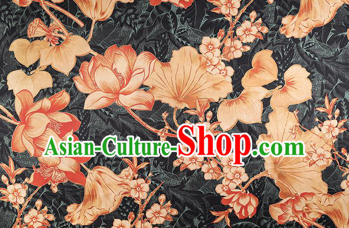 Chinese Cheongsam Black Brocade Fabric Traditional Lotus Pattern Silk Drapery Classical Gambiered Guangdong Gauze Chinese Cheongsam Black Brocade Fabric Traditional Lotus Pattern Silk Drapery Classical Gambiered Guangdong Gauze