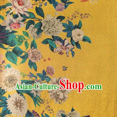 Chinese Traditional Flowers Pattern Silk Drapery Classical Gambiered Guangdong Gauze Cheongsam Yellow Brocade Fabric