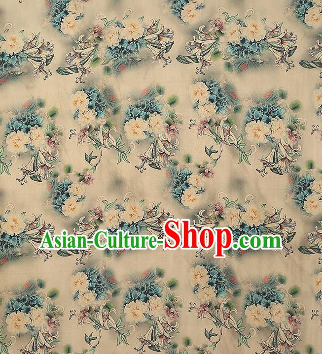 Chinese Traditional Qipao Dress Brocade Satin Fabric Classical Peony Pattern Beige Silk Drapery Chinese Traditional Qipao Dress Brocade Satin Fabric Classical Peony Pattern Beige Silk Drapery