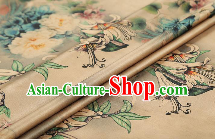 Chinese Traditional Qipao Dress Brocade Satin Fabric Classical Peony Pattern Beige Silk Drapery Chinese Traditional Qipao Dress Brocade Satin Fabric Classical Peony Pattern Beige Silk Drapery
