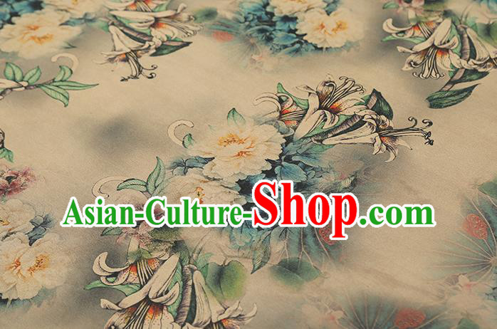 Chinese Traditional Qipao Dress Brocade Satin Fabric Classical Peony Pattern Beige Silk Drapery Chinese Traditional Qipao Dress Brocade Satin Fabric Classical Peony Pattern Beige Silk Drapery